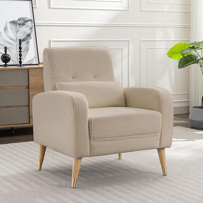 Dolonm Mid-Century Modern Accent Chair Upholstered Armchair Living Room Chair Comfy Single Sofa Chair with Sturdy Legs Polyester Fabric Chair for Living Room Bedroom Camel
