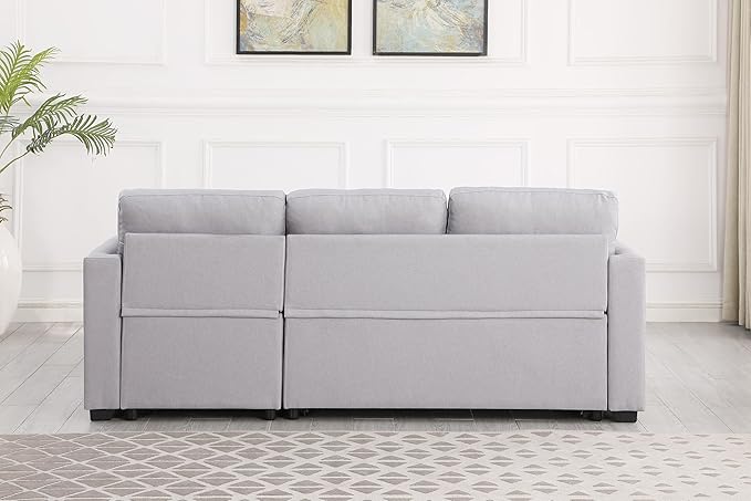 83 L-Shaped Sleeper Sectional Sofa with Storage Chaise &amp Cup Holders – Pull-Out Convertible Bed 3-in-1 Space-Saving Design for Apartments Modern Linen Fabric Easy Assembly