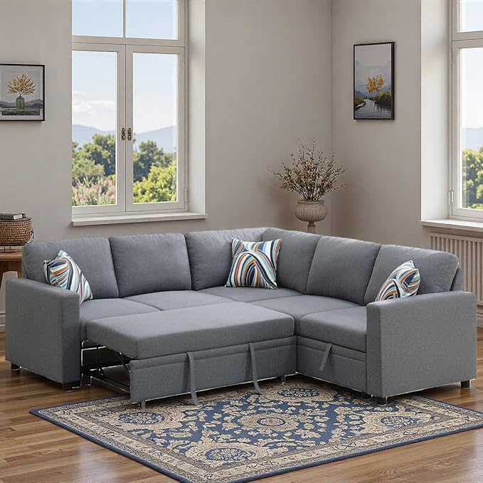 Sleeper Sofa Couch with Pull Out Bed L Shaped Couch Bed with Storage Sectional Sleep Couches Convertible Sleeper Sofa Beds W/Reversible Chaise&ampBack Cushion for Living Room Grey