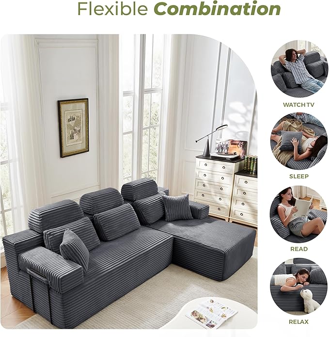 104 L-Shaped Cloud Modular Sectional Sofa with Chaise &amp Headrest Boneless Deep Seat Plush Corduroy Couches for Large Living Room No Assembly Required (Dark Gray 104 L-shapred Chaise)