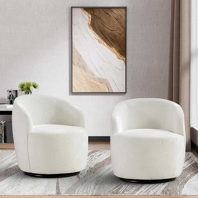Swivel Barrel Chair Modern Comfy Boucle Swivel Accent Chair Comfy Chenille Round Armchair Small Upholstered Reading Lounge Chair for Living Room Bedroom Office Club Ivory Chenille