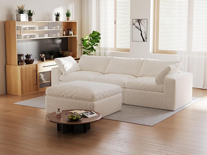 109’’ Cloud Couch for Living Room Boneless Modular Sectional Sofa L-Shape with Ottoman Washable Cushion Cover No Assembly Required White (3-Seat + 1 Ottoman)
