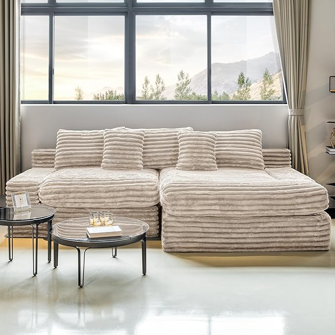 Sectional Couches for Living Room-Corduroy Couch Beige118 Cloud Sectional Couch with L-Shape Chaise Modern Modular Sofa Deep Seat Comfort No Assembly Required(Plush Corduroy Fabric)