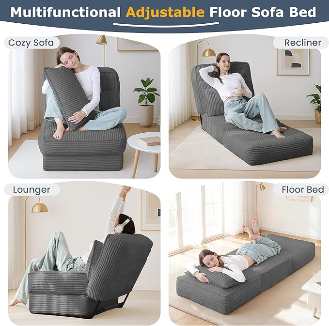 Single Convertible Sofa Bed with Fixed Frame &amp Thickened Cushion Boneless Couch Folding Chair Bed with 5-Position Adjustable Backrest Pull-Out Futon with Pillow for Small Spaces ApartmentGrey