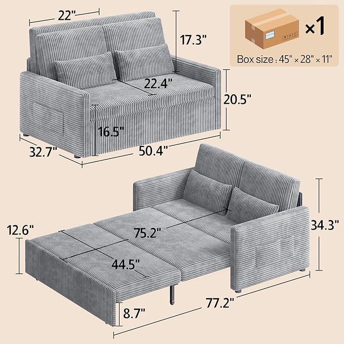 Ahomly 3 in 1 Pull Out Convertible Sofa Bed with 77.2'' Extended Sleeping Length Corduroy Loveseat Sleeper Sofa with Side Pockets Modern Loveseat for Living Room Grey