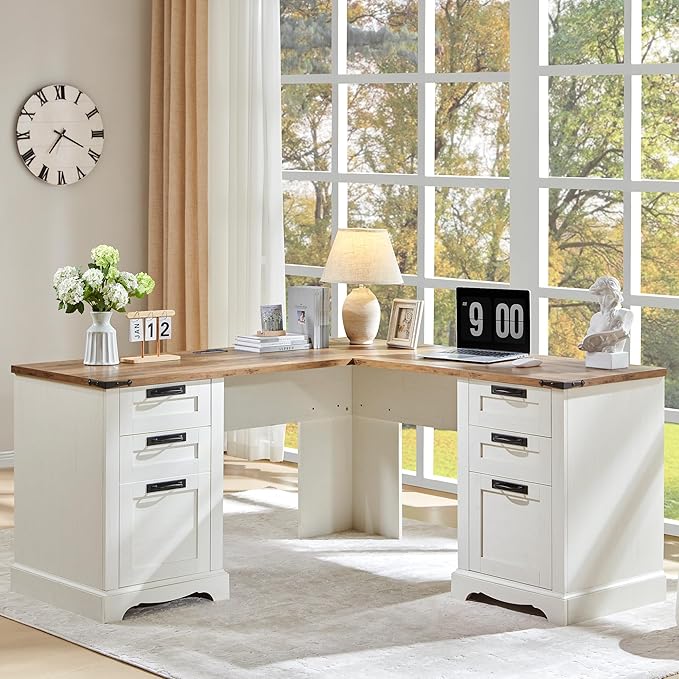 RedLemon 60 Farmhouse L Shaped Desk with Drawers Wood Home Office Corner Executive Desk with Charging Station File Drawer Storage Cabinet Rustic Computer Writing Desk (Antique White)