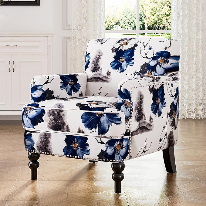 Modern Accent Chair with Arms Wooden Mid Century Upholstered Fabric Single Sofa Chair Armchair High Back Rest Comfortable Cushioned Seat for Living Room Bedroom Floral Print