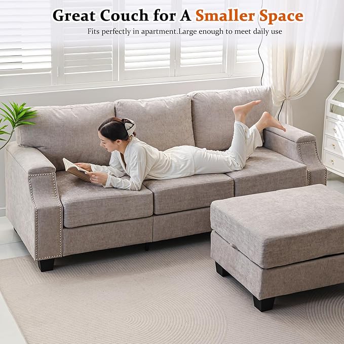 85 Sectional Couches with Armrest Organizer L Shaped Couch with Storage Ottoman3-Seater SofaThick CushionsSmall Sofas for Living RoomBedroomApartmentChenilleKhaki