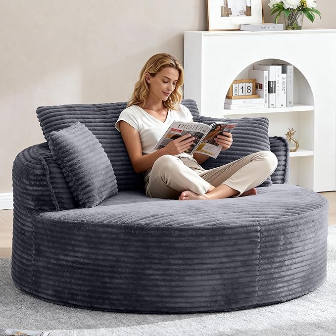 Oversized Round Chair Lounge Chaise Indoor 53.5 Corduroy Boneless Round Chair Fluffy Single Deep Seat Cloud Sofa Chairs Modern Circle Chaise Lounge for Bedroom Living Room Dark Grey