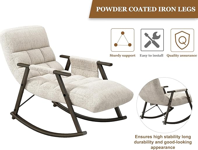 5-in-1 Folding Rocking Lounge Chair Indoor with 5 Angles Adjustable High Back+ Foot Rest Heavy Duty Casual Tufted Upholstered Glider Recling Chair For Living Room Bedroom Balcony (Teddy White)
