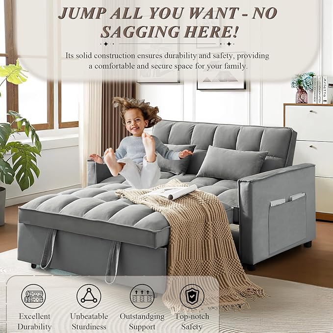 3 in 1 Convertible Sleeper Sofa Bed Futon Couches for Living Room with Side Pocket/Adjustable Backrest Velvet Upholstered Pull Out Couch Small Loveseat Sofa Bed for Bedroom Office Small Spaces