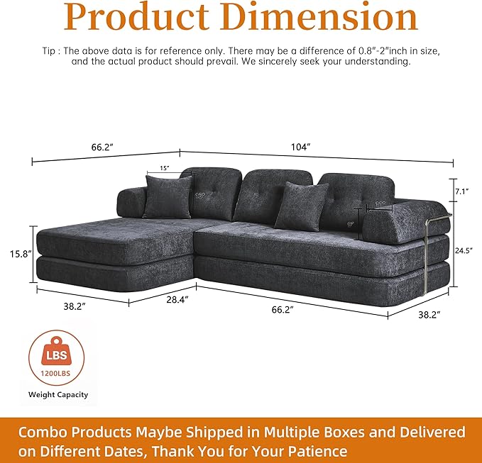 104 Modular Sectional Sofa Boneless Couch for Living RoomL-Shape Modular Sofa Bed with Fixed-Shape FrameFolding Floor Convertible Sofa Couch Bed with Reversible Chaise