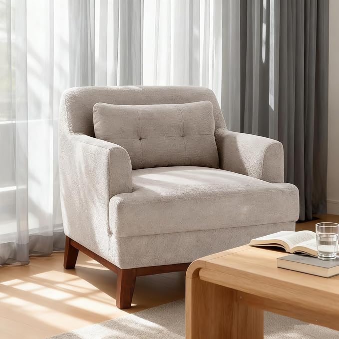 VANOMi Accent Chairs for Living Room 31 Oversized Armchair with Thick Cushion Terry Fabric Cozy Reading Chairs for Adults Bedroom Apartment Camel