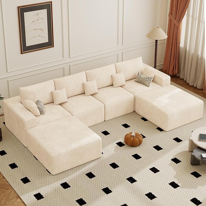 146 Modular Sectional Sofa Convertible U-Shaped Cloud Couches for Living Room with Ottoman 6 Seater Corduroy Boneless Couch Sofa Set No Assembly Required Beige 1 PCS