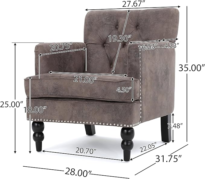 Christopher Knight Home Malone Tufted Club Chair Gray+Brown 28D x 29.5W x 33.5H Inch
