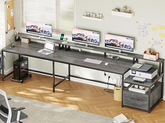 SEDETA L Shaped Desk 66 Home Office Desk with Wood File Drawer &amp Power Outlet Gaming Desk with Led Lights Corner Computer Desk with Monitor Shelf Printer Storage Shelves Two Person Desk Gre