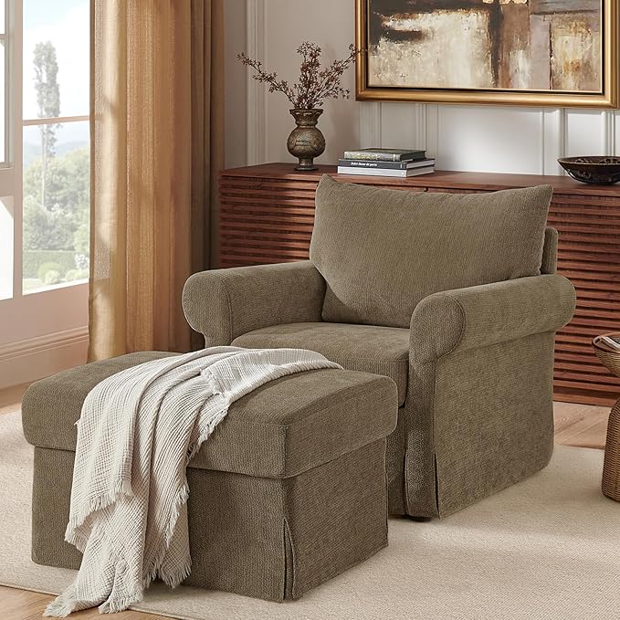 Modern Accent Chairs with Ottoman Set Comfy Chenille Reading Armchair with Rolled Arms and Cushion Backrest 35.8 W Chaise Lounge Chair for Living Room Bedroom Study Apartment Brown