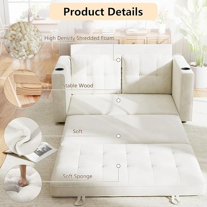 Convertible Sofa Bed Pull Out Loveseat Sleeper Sofa 2 in1 Folding Couch Bed Floor Sofa Couch for Small Spaces Fold Out Floor Bed with Pillows for Living Room Bedroom - Beige