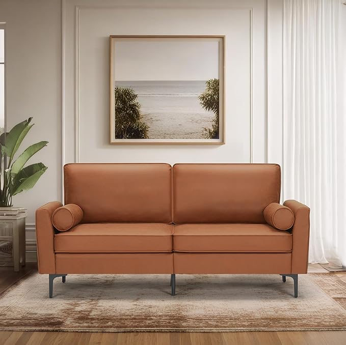 2 Piece Loveseat and Sofa Sets Mid Century Modern Decor Love Seat Couches for Living Room Upholstered 3 Seater Faux Leather with Deep Seats Easy to Install Small Couch for Bedroom (Brown Set of 2)
