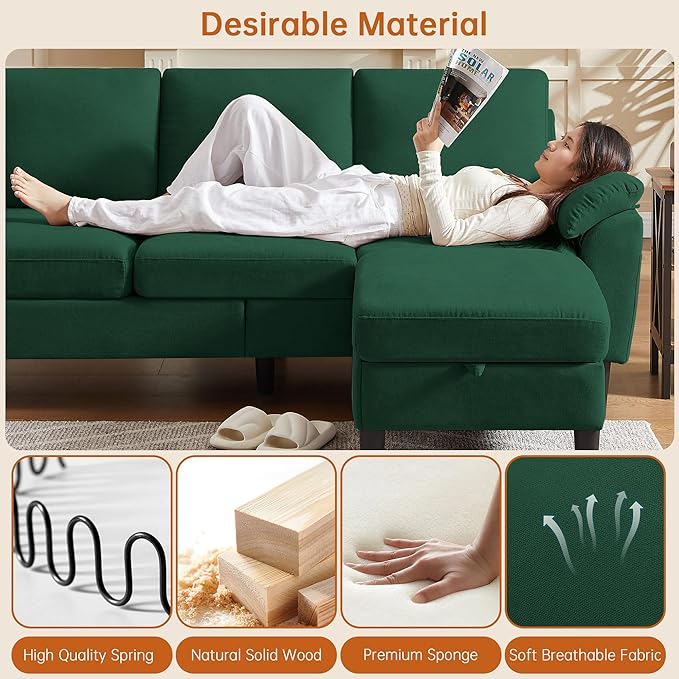 79 Convertible Sectional Sofa Modern L Shaped 3 Seat Couch with Reversible Ottoman Small Sectional Couches for Living Room Apartment (Green)