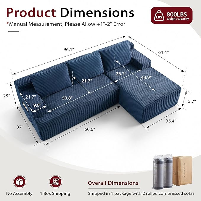 96''Sectional Couches for Living RoomModern Modular Sectional SofaUpholstered Boneless Couch Comfy Cloud Couch with L Shaped Chaise (Blue 96''W Right Facing Chaise)