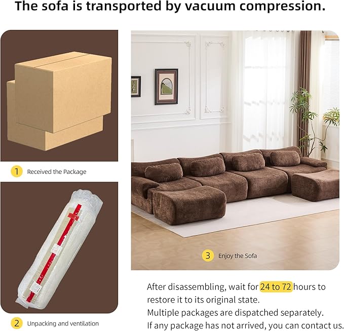 148.2 Boneless Couches for Living Room Set Cloud Modular Sectional Sofa in a Box Memory Foam Modern Couch Big Comfy Compressed Sofas U Shaped Couch with Ottoman Bedroom Apartment Chocolate