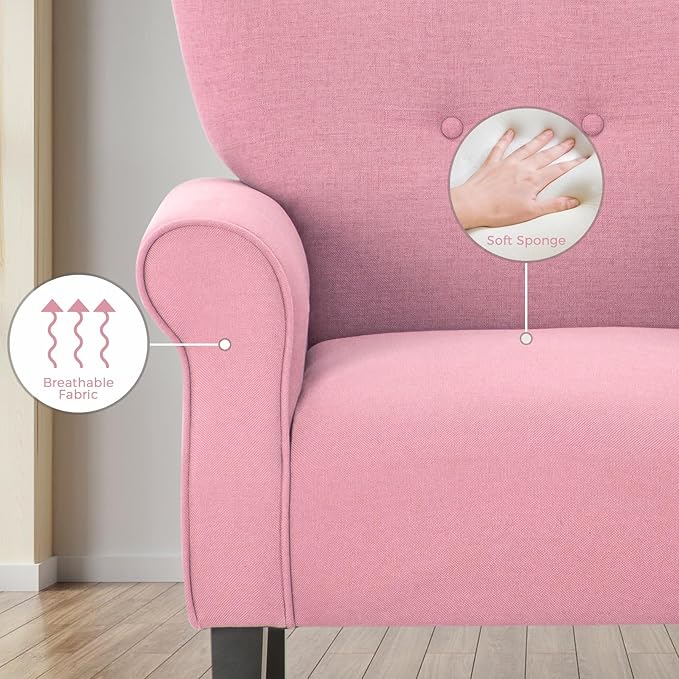 MELLCOM Mid Century Wingback Arm ChairModern Upholstered Fabric High Back Accent Chair with Wood LegsUpholstered Single Sofa Club Chair for Living Room Bedroom Home Office Light Pink