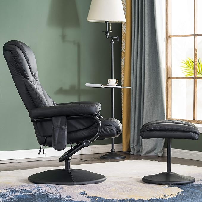 MCombo Recliner with Ottoman Reclining Chair with Massage 360 Swivel Living Room Chair Faux Leather 4901 (Black)