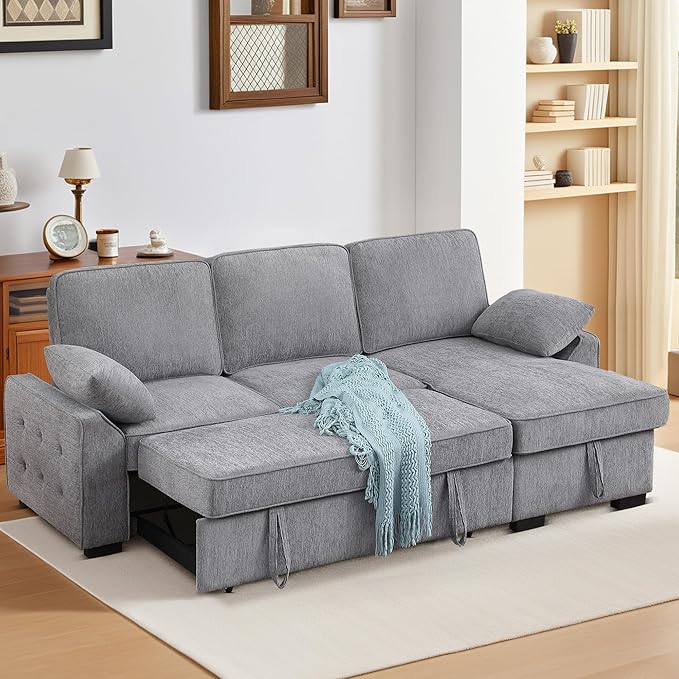 ERYE L-Shaped Pull Out Sleeper Couch Bed Modern Chenille Upholstered Button Tufted Corner Couch Reversible Sectional Sleeper Sofa Bed W/Storage Chaise Cup Holders