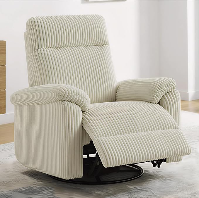 Swivel Rocker Recliner for Adults Corduroy 360 Degree Swivel Glider Recliner Manual 3-Position Adjustable Easy Assembly for Small Space Living Room Nursery Bedroom