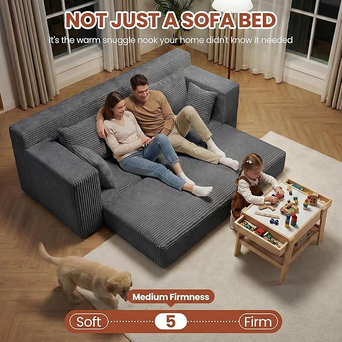 Convertible Sofa Bed 5 in 1 Small Boneless Couch Pull Out Loveseat Sleeper SofaCorduroy Futon Couch Folding Mattress with 4 Pillows for Living Room Bedroom Lounge (No Assembly)