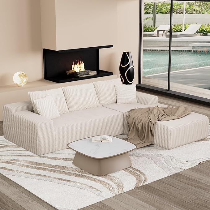 NAYA 106” Modular Sectional Sofa Cloud Sectional Couch with Deep Seat Modern Modular L-Shape Sofa Boneless Couch with Chaise for Living Room Bedroom (Beige Right Facing Chaise)
