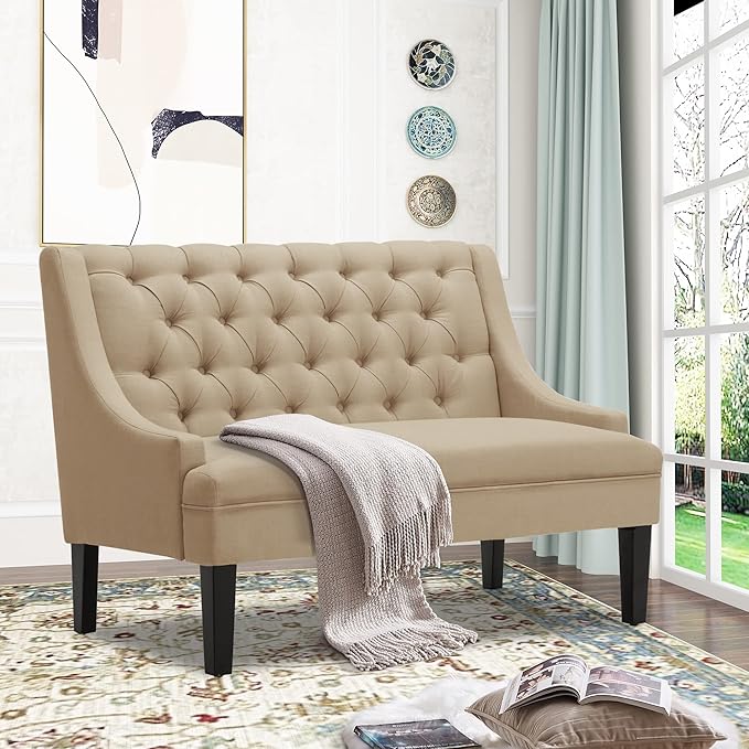 Tongli 50 Small Modern Loveseat Settee Sofa Linen Fabric 2-Seat Sofa Couch Tufted Love Seat Dining Bench with Back Upholstered Banquette Sofas for Living Room Bedroom Small Space Entryway Tan