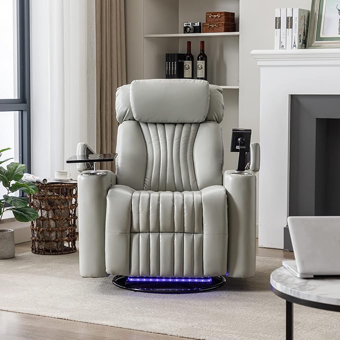 Merax 270 Degrees Power Swivel ReclinerHome Theater Seating with Hidden Arm Storage and LED Light StripCup Holder360 Degrees Swivel Tray Tableand Cell Phone HolderSoft Living Room ChairGrey