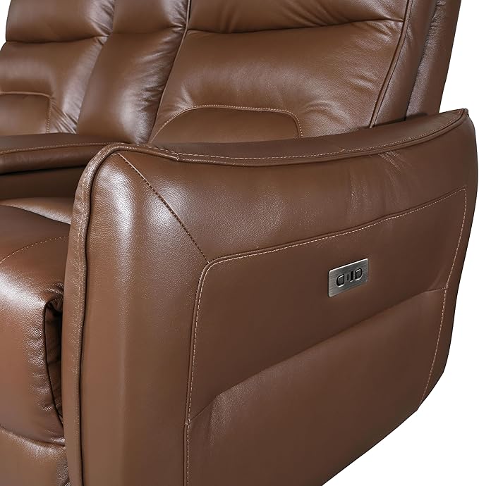 Furniture of America Areme Leather Match 38.5-inch Power Recliner Chair with Welt Trim Arms &amp Single Power 2.0 High Density Foam and Pocketed Coil Spring for Living Room Office Caramel Brown