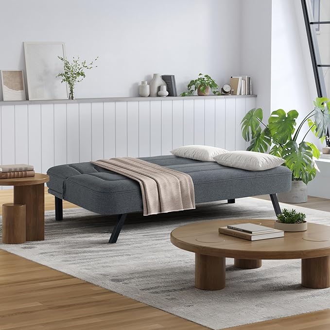 Serta Fairwood 66.1 Convertible Futon Sofa Short Twin Size Modern Boho Dream Coil Comfort Fingerguard Pinch Point Protection Soft Woven Polyester Fabric Charcoal