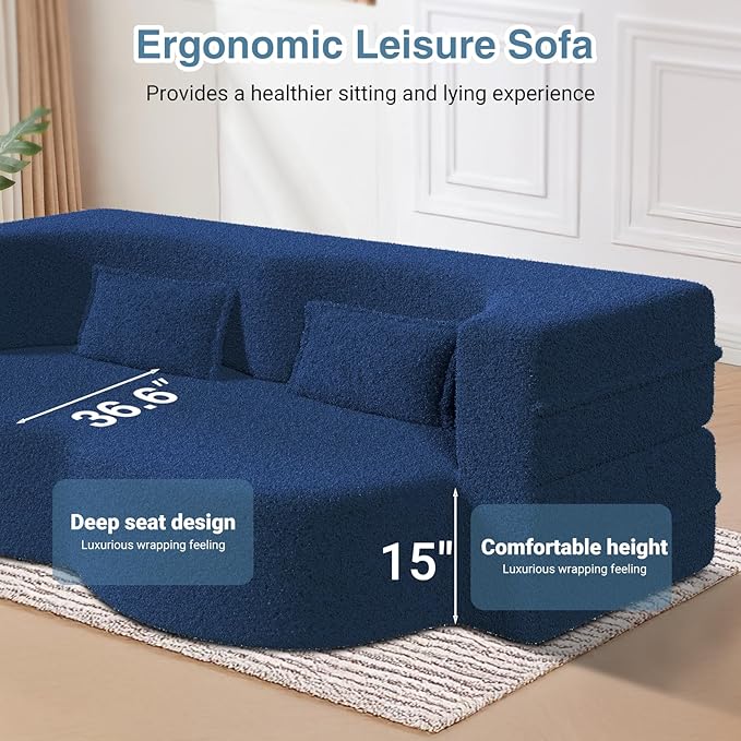 2 in 1 Convertible Folding Sofa BedTeddy Fleece Lazy Lounge SofabedFoam Folding Floor Sofa Bed78 Full Size Memory Foam Couch for Living Room Guestroom No Assembly Required Sofabed(Blue)