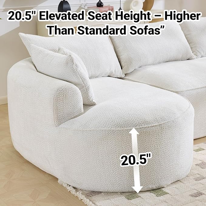 126.4 Oversized L-Shaped Boneless Sofa Deep Seat Sectional Couch with Curved Seat Design and 7 Pillows No-Assembly Chenille Sofa for Living Room Heavy-Duty Support（White）
