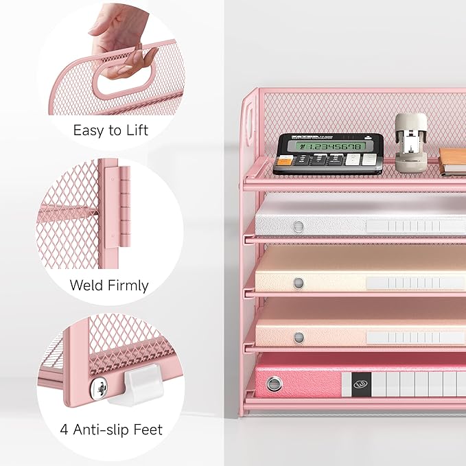 Lavatino Desk Paper Organizer with Handle 2 Pack 5-Tier Pink Mesh Desk File Folder Holder Letter Tray Sorter Organizer for Office Home or School