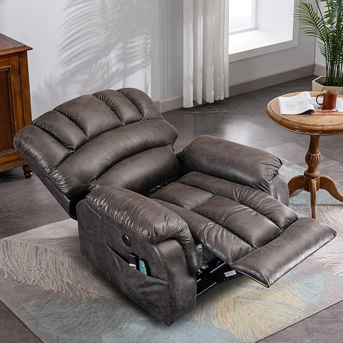 Lay Flat Sleeping Dual OKIN Motor Electric Lift Recliner w/Heat Massage for Big Man Large Infinite Position Reclining Chair Up to 350 LBS for Living Room 2 Remote Controls/USB Port Grey