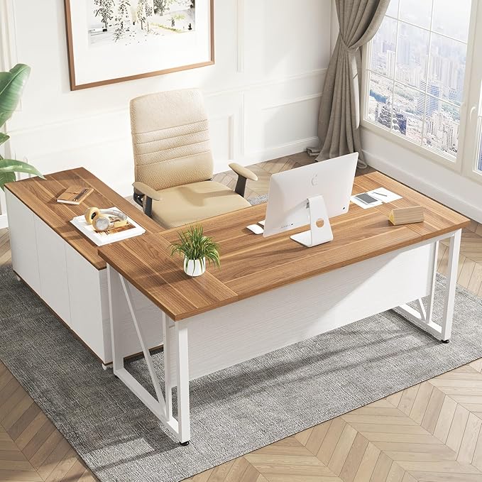 Tribesigns 63-Inch Executive Computer Desk with 47-Inch Lateral File Cabinet Large Workstation Business Furniture L Shaped Desk with Drawers and Storage Shelves for Home Office Walnut &amp White