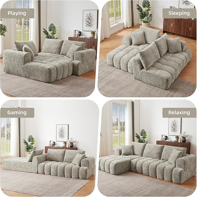 110 Inch Cloud Sectional CouchModern Upholstered Sofa with Deep SeatChenille Boneless Couches with L-Shape ChaiseSponge Compressed Couches for Living Room (Khaki Left Facing Chaise)