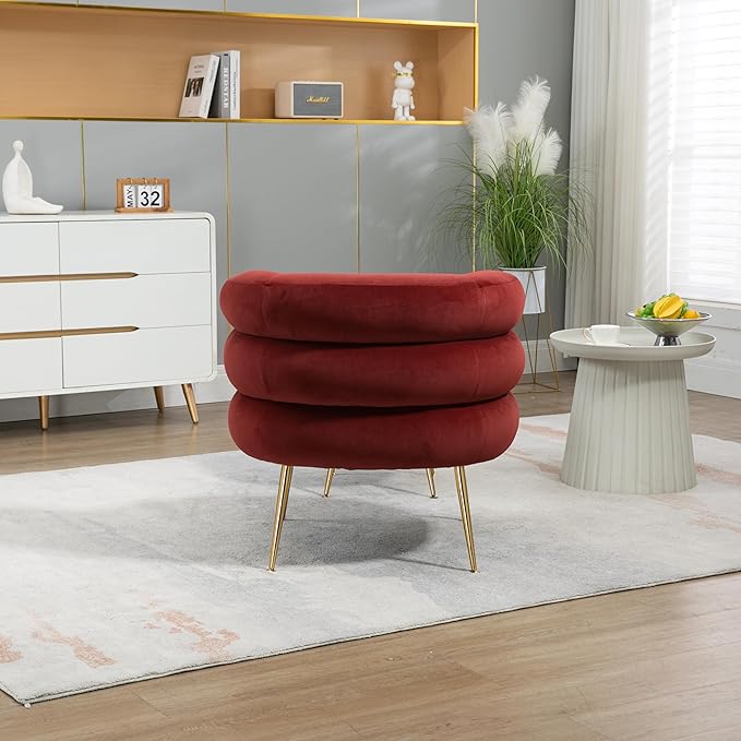 Velvet Accent Chair with OttomanModern Upholstered Armchair Tufted Chair with FootstoolSingle Sofa Chair with Metal Legsfor Living RoomApartmentBedroom (Wine Red-Chair and Ottoman)