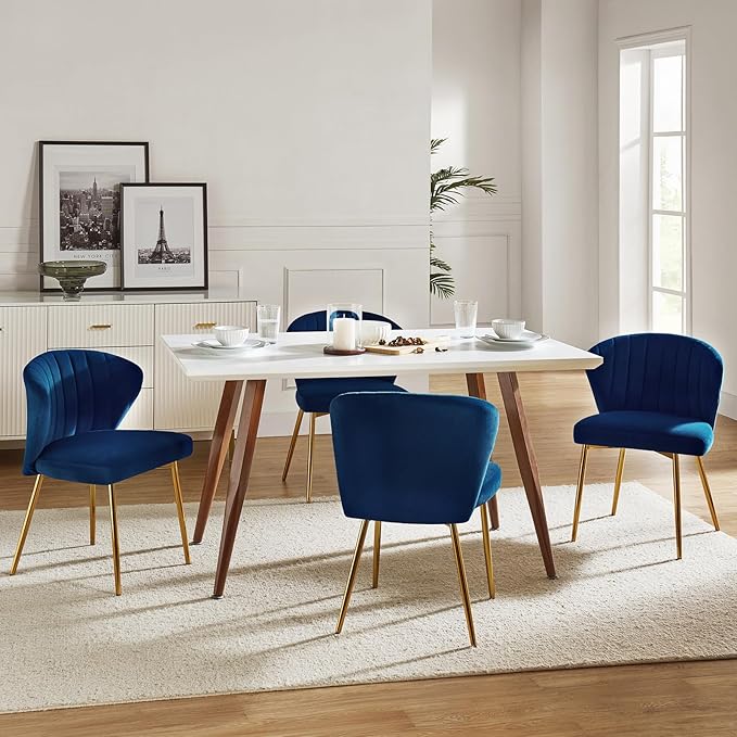HULALA HOME Velvet Dining Chairs Modern Small Armless Accent Chair with Gold Metal Legs Living Room Upholstered Cute Side Chair Elegant Tufted Back Vanity Chair for Bedroom/Beauty Room-Navy