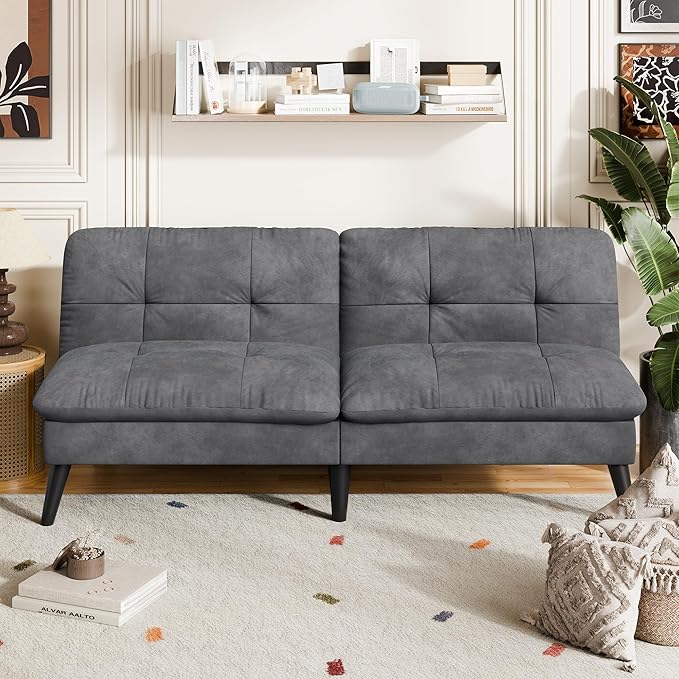 Vongrasig Futon Sofa Bed Velvet Futon Couch with Adjustable Backrest Small Convertible Folding Sleeper Sofa Bed Modern Loveseat for Living Room Bedroom and Small Space (Grey)