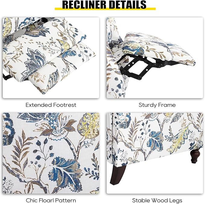Wingback Recliner Chair Traditional Push Back Recliner Chair with Padded Seat Upholstered Wingback Chair Mid Century Modern Floral Recliner for Living Room(2 Blue Floral)