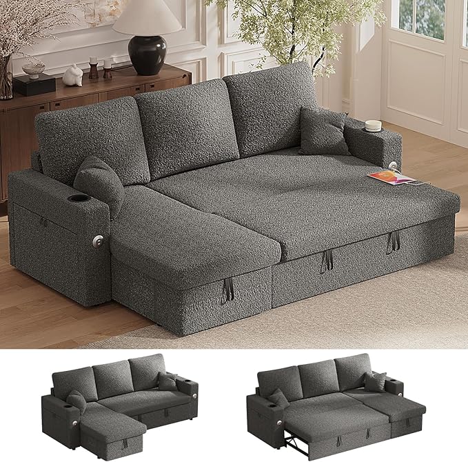 Sleeper Sofa Bed 4-in-1 Pull Out Couch with Reversible Chaise | Dual USB &amp Type-C Charging | Dual Cup Holders | Layered Storage (Armrest + Chaise) for Living Room Apartment Home Office (Dark Gr