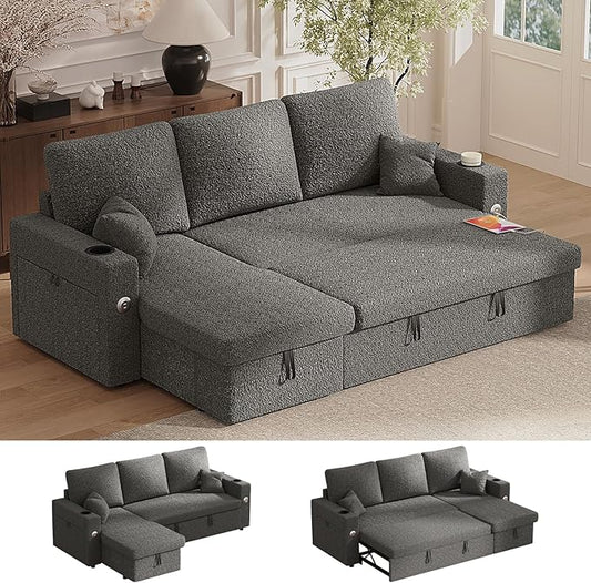 Sleeper Sofa Bed 4-in-1 Pull Out Couch with Reversible Chaise | Dual USB &amp Type-C Charging | Dual Cup Holders | Layered Storage (Armrest + Chaise) for Living Room Apartment Home Office (Dark Gr