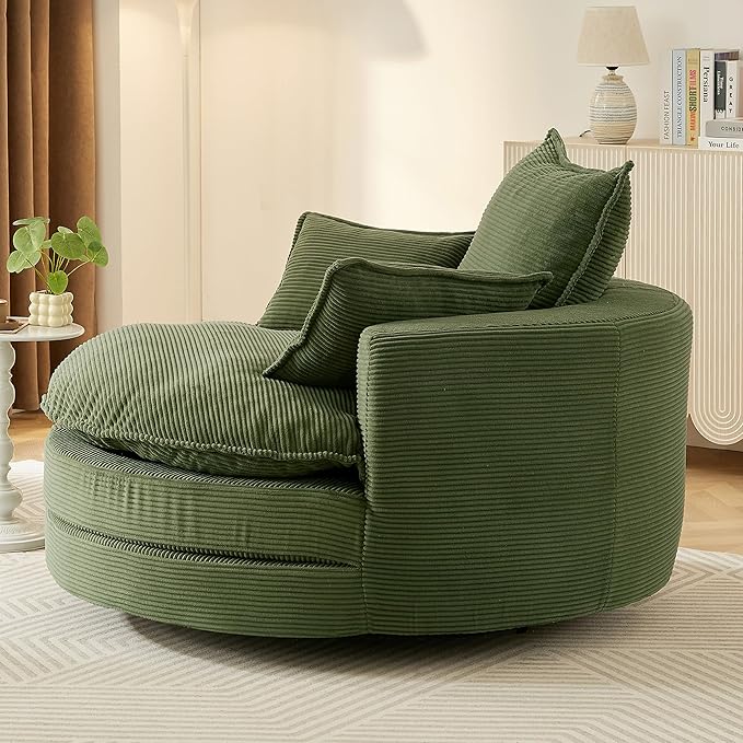 Merax 360° Swivel Sofa Chair 57.5 Swivel Accent Barrel Chair with Dual-Layer Cushion Design Modern Corduroy Leisure Sofa Round Chaise Lounge with 3 Removable Pillows for Living Room Bedroom