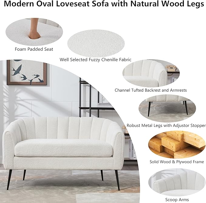 50.2 Small Sofa Couch for Small SpacesModern Chenille Loveseat CouchesOval 2 Seater Sofas with Black Metal Legs for ApartmentDormStudioBedroomRV. (Ivory with Metal Legs 50.2)